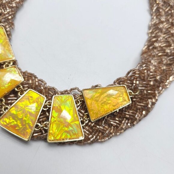 Chunky Yellow Statement Necklace With Braided Brown Beads Adjustable Chain - Picture 3 of 6
